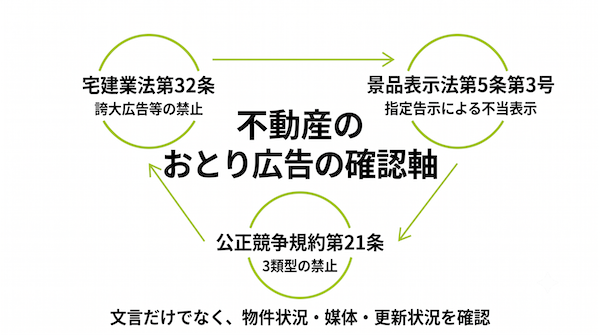 不動産のおとり広告に関係する宅建業法・景品表示法・公正競争規約の整理図