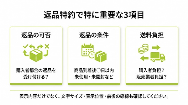 通信販売の返品特約で重要な返品の可否・条件・送料負担