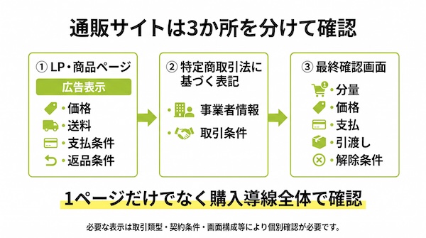 通販広告・特定商取引法に基づく表記・最終確認画面の3つのチェックポイント
